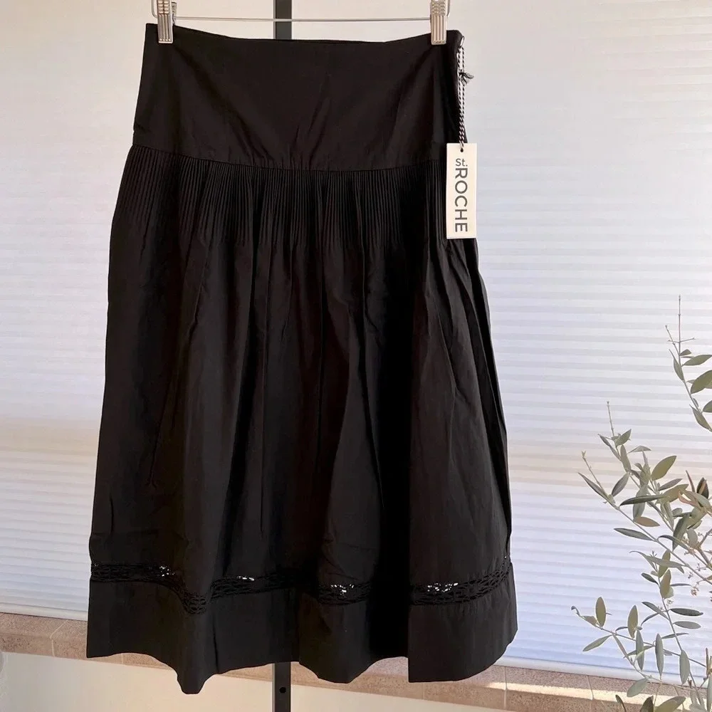 St Roche Winona Crochet Pleated Midi Skirt Black 8 NWT Organic Cotton Feminine - Picture 2 of 9